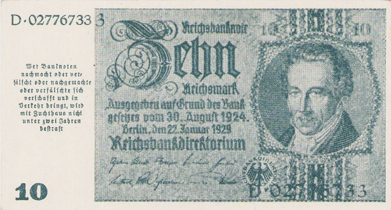 Deutsches Reich bis 1945
Notausgaben im Frühjahr 1945 10 Reichsmark 22.1.1929. ...