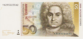Bundesrepublik Deutschland
Deutsche Bundesbank 1960-1999 50 DM 2.1.1989. Austauschnote. Serie YA / A Ro. 293 b II+