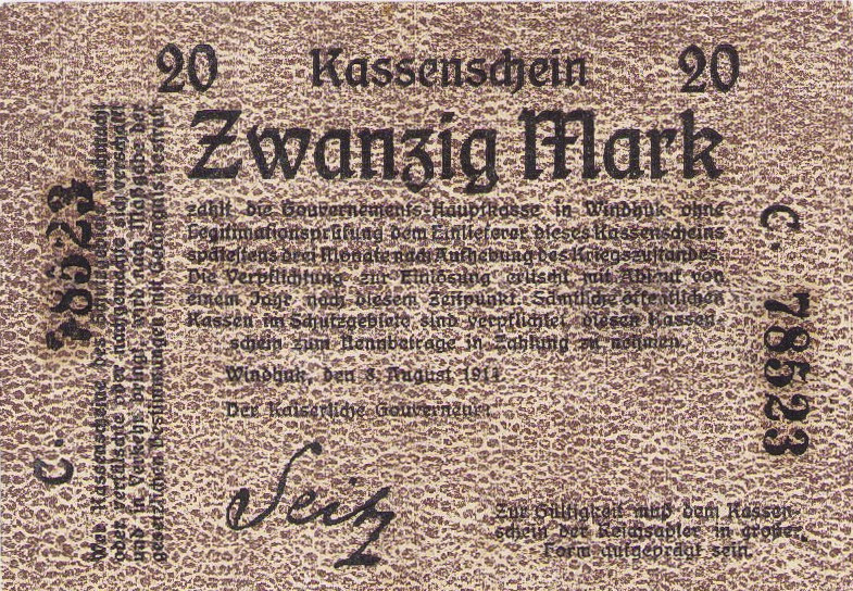 Geldscheine der deutschen Kolonien
Deutsch-Südwestafrika 1914-1918 20 Mark 8.8....