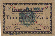 Geldscheine der deutschen Kolonien
Kamerun Schatzschein zu 100 Mark 12.8.1914. Mit rotem Buntstift entwertet. Ro. 964 Selten. II-