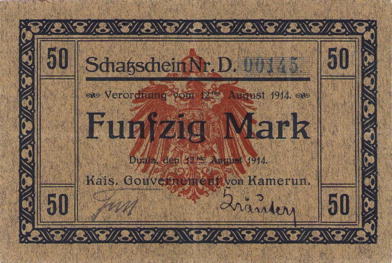 Geldscheine der deutschen Kolonien
Kamerun 50 Mark 12.8.1914. Schatzschein Nr. ...