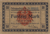 Geldscheine der deutschen Kolonien
Kamerun 50 Mark 12.8.1914. Schatzschein Nr. 00145, Serie D Ro. 963 c I-II