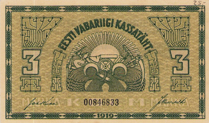 Ausland
Estland 5 Penni, 1 Mark, 3 Marka 1919. WPM 39, 43, 44 3 Stück. I-