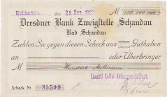 Städte und Gemeinden
Bad Schandau (Sa.) 100 Millionen Mark 26.9.1923. Kundenscheck der Dresdner Bank Filiale Bad Schandau, Aussteller: Eduard Keffel ...