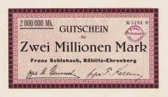 Städte und Gemeinden
Böhlitz-Ehrenberg (Sa) 2 Millionen Mark o.D. Franz Schlobach und 5 Millionen Mark 20.8.1923. Reform Motoren Fabrik A.G. Ke. VI. ...