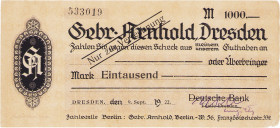 Städte und Gemeinden
Dresden (Sa) 1000 Mark 9.9.1922. Deutsche Bank Filiale Dresden auf Gebrüder Arnhold Mü. 1095.1 Bühn 1142.30 Rechts Randbeschädig...