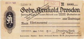 Städte und Gemeinden
Dresden (Sa) 1000 Mark 9.9.1922. Deutsche Bank Filiale Dresden auf Gebrüder Arnhold Mü. 1110.2 Bühn 1144.21 Rechter Rand verfärb...