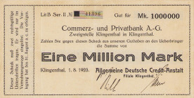 Städte und Gemeinden
Klingenthal 1 Million Mark (2x) 1.8.1923. Allgemeine deutsche Credit-Anstalt auf CuPB. o. Wz und Wz. Gitter. Dazu 500.000 Mark 1...