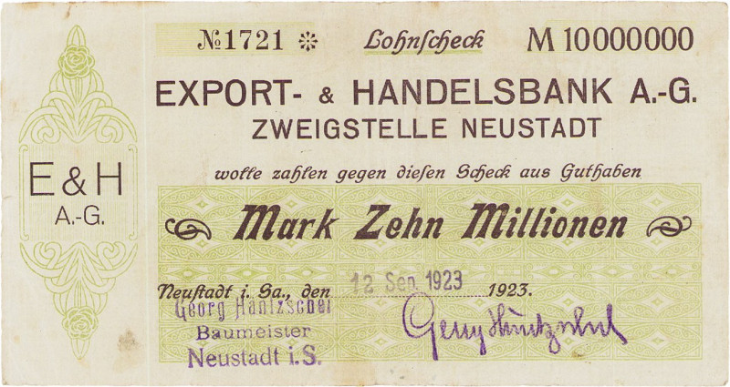 Städte und Gemeinden
Neustadt (Sa.) 10 Millionen Mark 12.9.1923. Kundenscheck d...