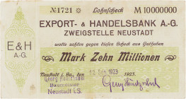 Städte und Gemeinden
Neustadt (Sa.) 10 Millionen Mark 12.9.1923. Kundenscheck der Export- und Handelsbank A.G. Aussteller: Georg Häntzschel, Baumeist...