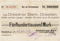 Städte und Gemeinden
Radeberg (Sac) 500.000 Mark 10.8.1923. und 500.000 Mark 17.8.1923 (2x) (zwei Druckvarianten der Wertzeile) und 300.000 Mark 21.8...