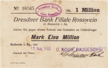 Städte und Gemeinden
Roßwein (Sa) 1 Million Mark 17.8.1923. Kundenscheck der Dresdner Bank Filiale Roßwein, Aussteller: C. Koch, Baugeschäft Bühn 636...
