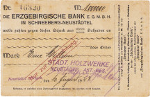 Städte und Gemeinden
Schneeberg-Neustädtel (Sa.) 1 Million Mark 10.8.1923. Postkarten-Kundenscheck der Erzgebirgischen Bank e.g.m.b.H, Aussteller: St...