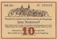 Städte und Gemeinden
Schwarzenberg (Sa.) 10 Reichsmark 20.4.1945. Der Landrat des Kreises Schwarzenberg im Erzegbirge Bühn 6621.1.a Schöne 0181.a I-...