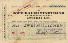 Städte und Gemeinden
Zwickau (Sa.) 2 Millionen Mark 18.8.1923. Jung & Simons Ke. - Bühn 7542.1.b Etwas fleckig, IV