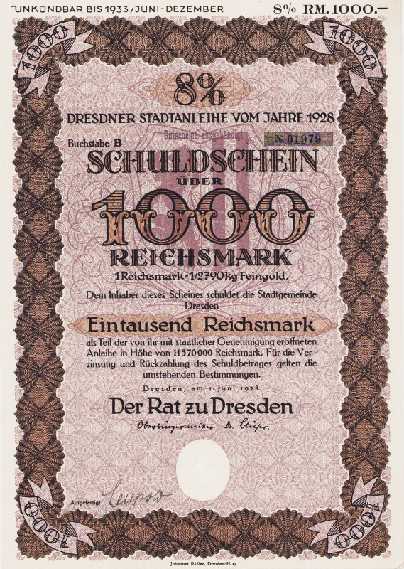 Lots
Lot-8 Stück 1000 RM 1928 Dresdner Stadtanleihe (2x), 1000 RM 1929 der Fa. ...