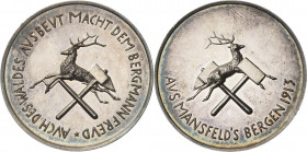 Ausbeute, Bergbau, Hüttenwesen
 Silbermedaille 1913. Auf den Mansfelder Bergbau. Springender Hirsch zwischen gekreuzten Eisen und Schlägel / Springen...