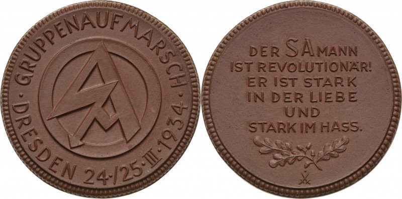 Drittes Reich
 Braune Porzellanmedaille 1934 (Meißen) Gruppenaufmarsch Dresden....