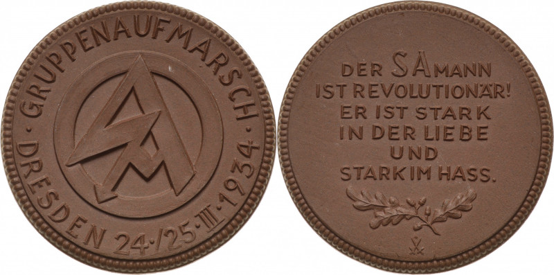 Drittes Reich
 Braune Porzellanmedaille 1934 (Meißen) Gruppenaufmarsch Dresden....