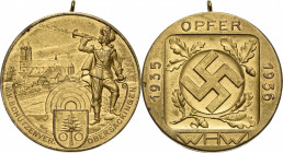 Drittes Reich
 Vergoldete Bronzemedaille 1936 (unsigniert) Schützenverein Obersäckingen - Opfer WHW 1935-1936. Trompeter, im Hintergrund Stadtansicht...