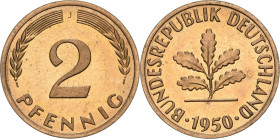 Kursmünzen
 2 Pfennig 1950 J und 2 Pfennig 1964 G Jaeger 381 2 Stück. Prachtexemplare. Polierte Platte