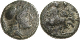 Apulien Caelia
 Bronze um 200 v. Chr. Athenkopf mit Helm nach rechts / Dioskuren reiten nach rechts. Mit alter Sammlungsbeschreibung HN Italia 770 SN...