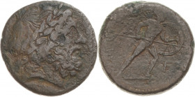 Sizilien Messana
 Bronze um 200 v. Chr. Zeuskopf nach rechts / Ares schreitet mit Schild und Speer nach rechts SNG München 732 BMC 25 10.95 g. Fast s...
