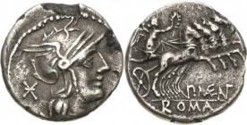 Römische Republik
P. Maenius Antiaticus 132 v. Chr Denar Subaerat. Romakopf nach rechts / Victoria mit Palmzweig und Kranz in Quadriga, P MAE ANT ROM...