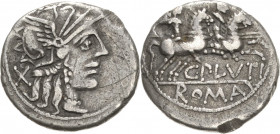 Römische Republik
C. Plutius 121 v. Chr Denar Romakopf mit Flügelhelm nach rechts, dahinter Wertzeichen X / Die Dioskuren nach rechts, C PLVT ROMA Cr...