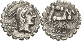 Römische Republik
L. Procilius 80 v. Chr Denar (Serratus) Kopf des Juno Sospita rechts, SC / Juno Sospita in Biga rechts, Schlange unter Pferd, L PRO...