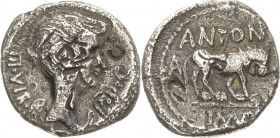 Römische Republik
Fulvia 42 v. Chr Quinar, Lugdunum Kopf der Victoria mit den Zügen der Fulvia nach rechts, III VIR RPC / Löwe nach rechts, ANTONI XL...
