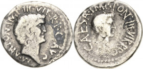 Römische Republik
Marcus Antonius und Octavian 41 v. Chr Denar Heeresmünzstätte in Syrien Kopf des Antonius nach rechts, M ANTON IMP III VIR RPC AUG ...