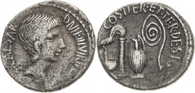 Römische Republik
Octavian 36 v. Chr Denar, Heeresmünzstätte Süd-/Mittelitalien Kopf nach rechts, IMP CAESAR DIVI F III VIR ITER RPC / Priestergeräte...