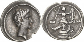 Kaiserzeit
Augustus 27 v. Chr.-14 n. Chr Denar 29/27 v. Chr., Brindisi oder Rom Auf den Sieg bei Actium. Kopf nach rechts / Tropaeum auf Prora, IMP C...
