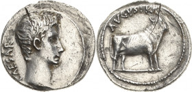 Kaiserzeit
Augustus 27 v. Chr.-14 n. Chr Denar 21/20 v. Chr. Samos oder Pergamon? Kopf nach rechts, CAESAR / Stier nach rechts, AVGVSTVS RIC 475 C. 2...