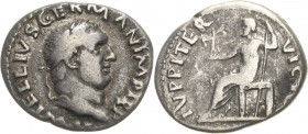 Kaiserzeit
Vitellius 69 Denar 69, Rom Kopf mit Lorbeerkranz nach rechts, A VITELLIVS GERMAN IMP TR P / Jupiter sitzt mit Victoriola nach links, IVPPI...