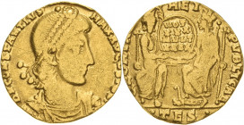 Kaiserzeit
Constantius II. Augustus 337-361 Solidus 350/355, Thessalonike Brustbild mit Perlendiadem nach rechts, D N CONSTANTIVS MAX AVGVSTVS / Behe...