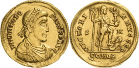 Kaiserzeit
Theodosius I. 379-395 Solidus Brustbild mit Perlendiadem nach rechts, D N THEODOSIVS P F AVG / Kaiser steht auf Gefangenen nach rechts zwi...