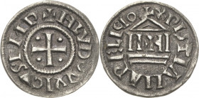 Frankreich
Ludwig der Fromme 814-840 Denar, unbekannte Münzstätte Kreuz, in den Winkeln je eine Kugel, + HLVDOVVICVS IMP / Letternkirche, + XPISTIANA...