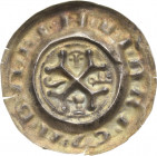 Pegau, Abtei
Heinrich III. von Posern 1239-1263 Brakteat. Krükenkreuz nach Pegauer Art, in den Winkeln Kopf, Schlüssel, Reichsapfel, Krummstab, HEINR...