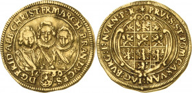 Brandenburg-Ansbach
Friedrich, Albert und Christian 1625-1634 Dukat 1626. Slg. Wilmersdörffer - Friedberg 328 Slg. Grüber 4216 GOLD. 3.45 g. Leicht g...