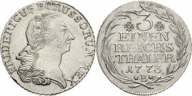 Brandenburg-Preußen
Friedrich II., der Große 1740-1786 1/3 Taler 1773, B-Breslau Olding 88 Kluge 144.8 v. Schrötter 550 Prachtexemplar. Prägefrisch...