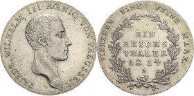 Brandenburg-Preußen
Friedrich Wilhelm III. 1797-1840 Taler 1814, A-Berlin Variante mit Punkt nach PREUSSEN Olding 103 a AKS 11 Jaeger 33 Kahnt 362 Da...