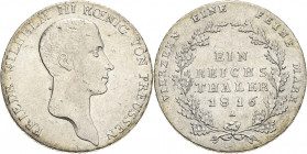 Brandenburg-Preußen
Friedrich Wilhelm III. 1797-1840 Taler 1816, A-Berlin Olding 103 AKS 11 Jaeger 33 Kahnt 362 Davenport 756 Fast vorzüglich
