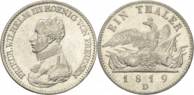 Brandenburg-Preußen
Friedrich Wilhelm III. 1797-1840 Taler 1819, D-Düsseldorf Olding 124 AKS 13 Jaeger 37 Kahnt 365 Davenport 759 Sehr schön