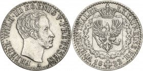Brandenburg-Preußen
Friedrich Wilhelm III. 1797-1840 1/6 Taler 1822, A-Berlin Hundesechsteltaler Olding 185a AKS 26 Jaeger 57 Min. Lackreste, vorzügl...
