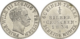 Brandenburg-Preußen
Friedrich Wilhelm III. 1797-1840 1/2 Silbergroschen 1834, A-Berlin Olding 187 AKS 30 Jaeger 55 Prachtexemplar. Stempelglanz