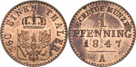 Brandenburg-Preußen
Friedrich Wilhelm IV. 1840-1861 Pfennig 1847, A-Berlin Olding 337 AKS 92 Jaeger 50 Prachtexemplar. Stempelglanz