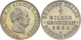 Brandenburg-Preußen
Friedrich Wilhelm IV. 1840-1861 1/2 Silbergroschen 1860, A-Berlin AKS 88 Jaeger 76 Prachtexemplar. Stempelglanz