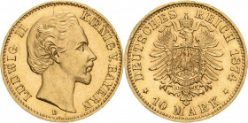 Bayern
Ludwig II. 1864-1886 10 Mark 1874 D Jaeger 196 Kl. Randfehler, vorzüglich-Stempelglanz